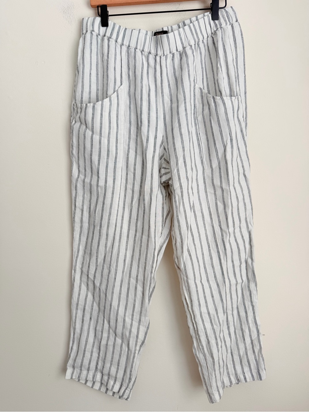 Quince 100% European Linen Tapered Ankle Pants oatmeal striped Sz L